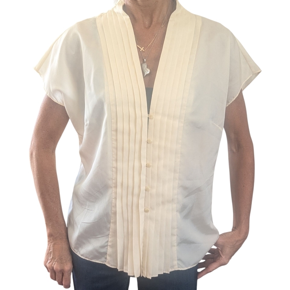 Isaac Mizrahi for Target Silk Blend Pleated Minimalist Blouse XL Ivory Tuxedo